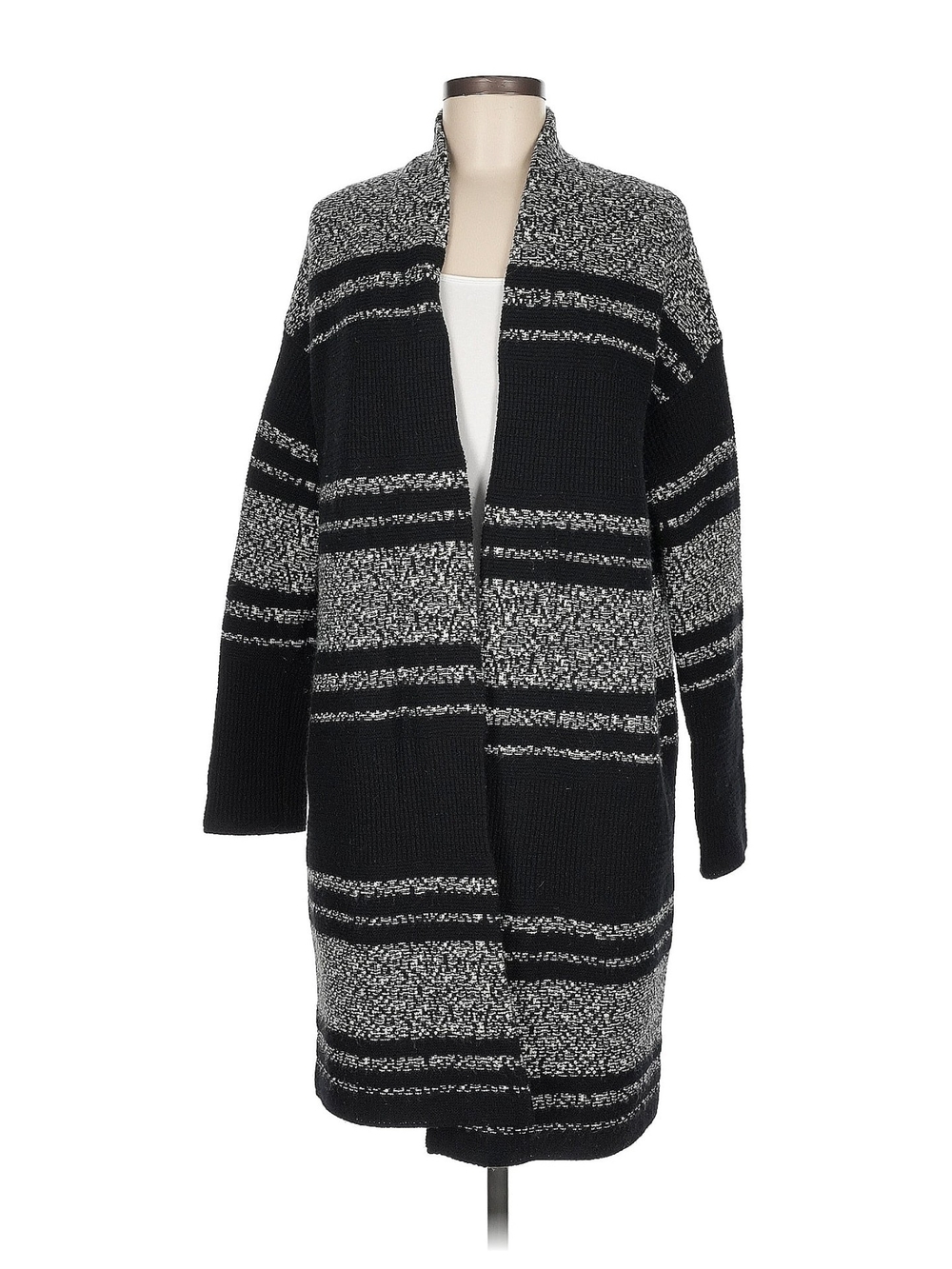 Athleta Black and White Striped Open-Front Cardigan